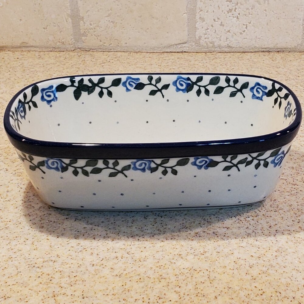 NWT Ceramika Artystyczna Mini Loaf Pan in Blue Rose Vine